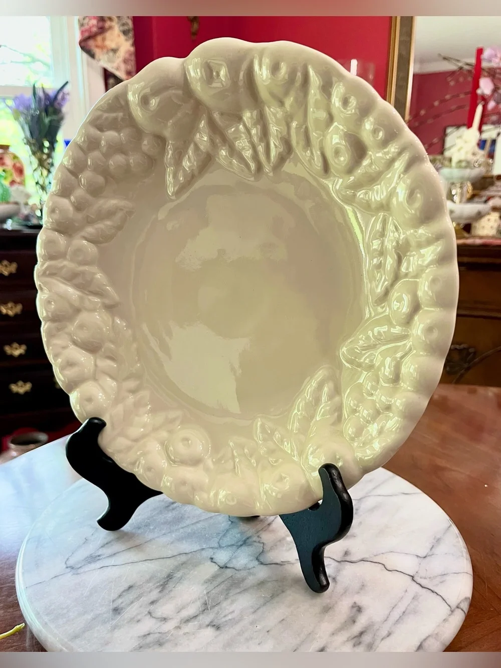 VTG Claire Burke Pottery Raised Fruit Design Ivory Serving Bowl Platter 10.5